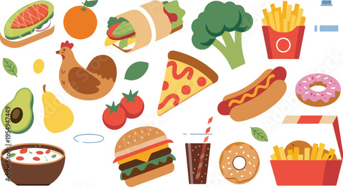 Junk and Healthy Food Vector Set with Fast Street Meals, Fried Potato, Pizza, Fish, Fresh Fruits, Vegetables, Cola Drink