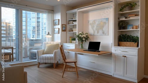 Interior of compact dwelling showing murphy bed, fold-down desk, and vertical herb garden, every inch optimized with built-in storage and multipurpose furniture, ideal for small space, micro home,