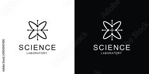 Science laboratory logo design with atom symbol and text.