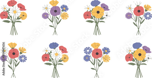 Beautiful Summer Flower Bouquets Vector Set with Meadow Wildflowers, Poppies, Dandelions, Bells, Herbs, and Colorful Field Flora Collection
