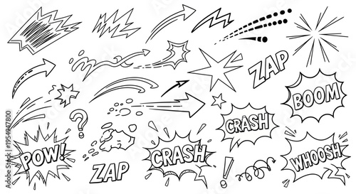 Collection of dynamic comic book style arrows and onomatopoeia sound effect elements like 'pow', 'zap', 'crash', 'boom', and 'whoosh', on an isolated white background
