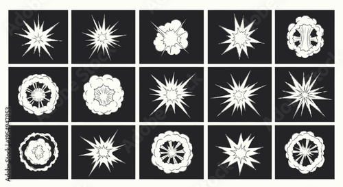 Collection of dynamic comic book style explosion and starburst graphic elements on an isolated black background, conveying impact and energy