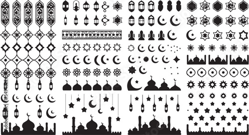 Ramadan Kareem islamic geometric patterns and mosque silhouettes with crescent moons and stars