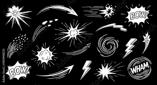 Comic Book Style Speed Lines and Explosion Elements on Isolated Black Background
