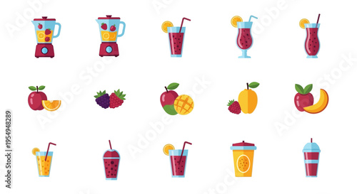 Vibrant collection of fruit blenders, refreshing smoothies, and various fresh fruits.
