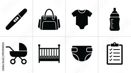 Pregnancy & Baby Care Vector Icons – Essentials, Stroller, Crib & Checklist