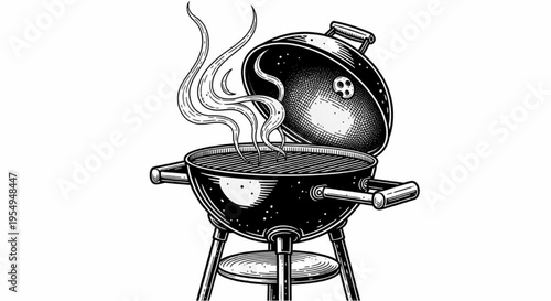 Smoking Barbecue Grill Vector Illustration, Charcoal BBQ Smoker with Open Lid on Stand, Vintage Grill Cooking Equipment Icon