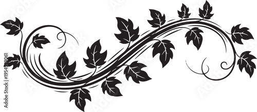 A decorative black and white floral vine illustration with elegant swirling leaves and stems