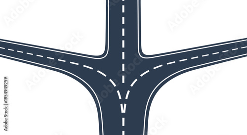 Road intersection with three way forked highway lanes