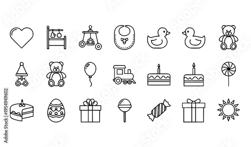 Thin line baby and celebration icon set with toys birthday elements and cute symbols vector