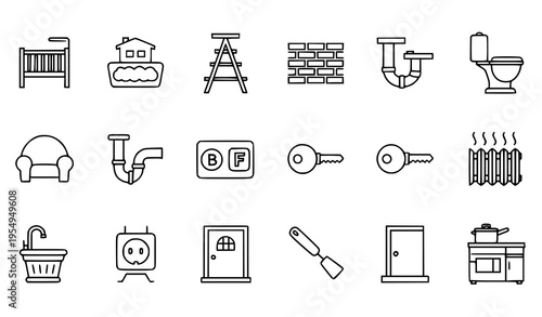 Linear home icon set with interior furniture plumbing and building elements thin line vector
