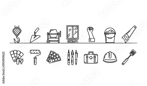 Linear construction icon set with tools building equipment and repair elements thin line vector