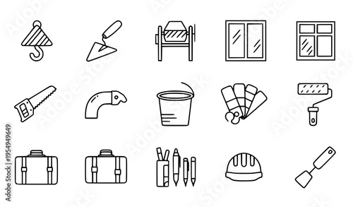 Modern outline construction and utility icon set with tools equipment and accessories vector