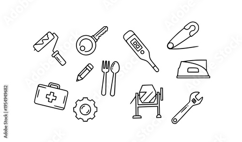 Thin line tools and repair icon set with construction medical and utility elements vector