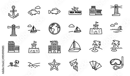 Thin line seaside and travel icon set with nautical beach and coastal elements vector