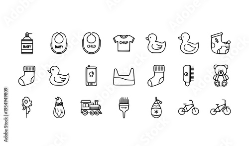 Linear baby and kids icon set with toys clothing transport and care elements thin line vector