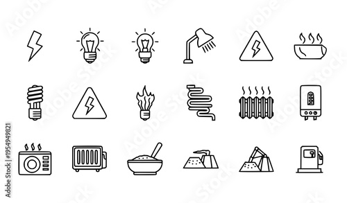 Linear energy and electricity icon set with heating and industrial utility symbols thin line vector