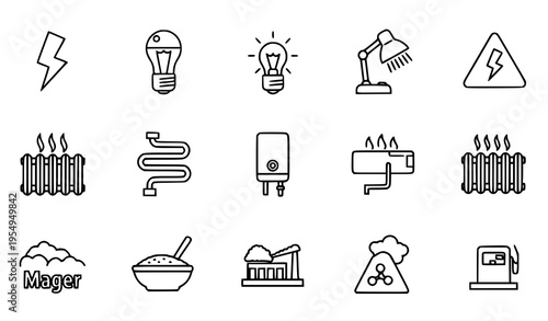 Thin line energy and utility icon set with electricity heating and industrial elements vector