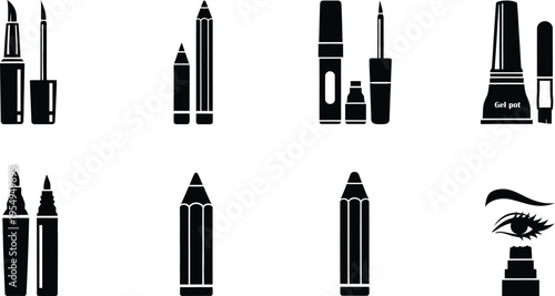 Collection of makeup brushes and cosmetic products