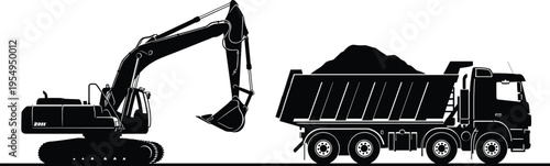 Excavator loading dump truck vector illustration, construction machinery silhouette, heavy equipment operation, earthmoving process, industrial transport 