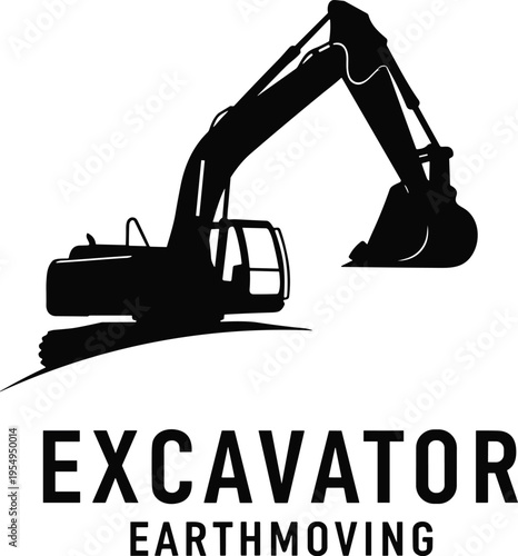 Excavator earthmoving logo vector illustration, construction machinery silhouette, heavy equipment branding, industrial digging machine, engineering transport concept, building site identity, modern 