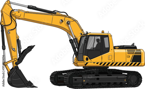 Excavator machine vector illustration, heavy construction equipment, crawler digger vehicle, earthmoving machinery, industrial engineering 