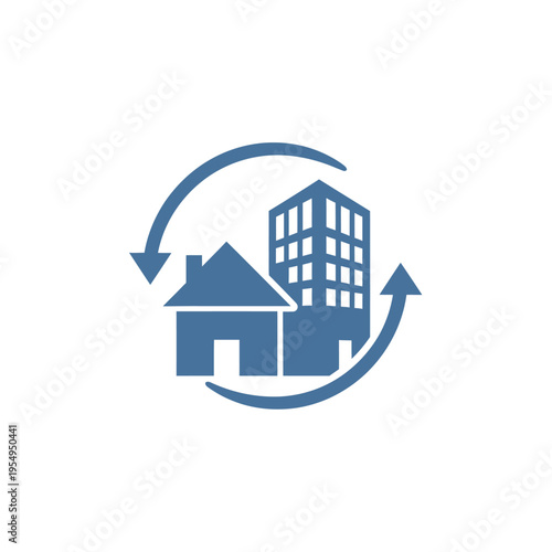 Icon of house and skyscraper swapping places.