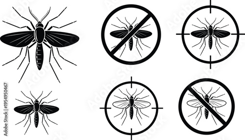 Mosquito icons vector illustration set, insect silhouettes with prohibition and target signs, pest control symbols, anti mosquito concept, protection warning icons, isolated black design elements