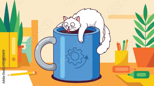 Tired white cat napping on a large coffee mug amidst office supplies. Humorous illustration depicting the need for a break during a busy workday
