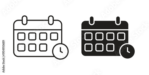 Calendar clock icon in black color. Vector icons on white background