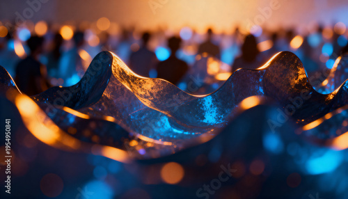 Highlighting curving metallic ridges showing tarnish and orange blue bokeh in studio macro