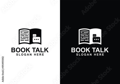 Book Talk Logo Design Open Book and Chat Bubble Icon.