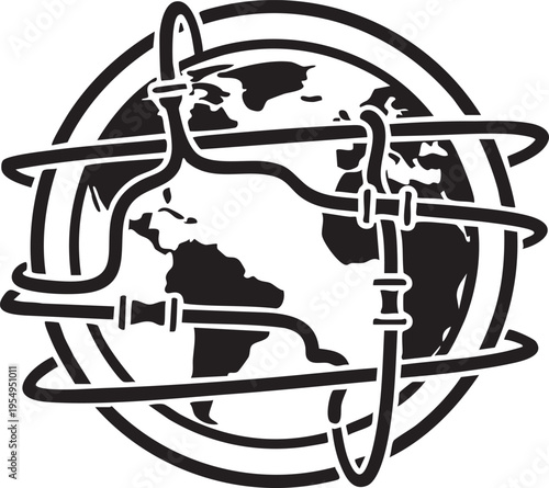 A black and white graphic illustration depicting a stylized world globe encircled and intersected by industrial pipelines and plumbing components