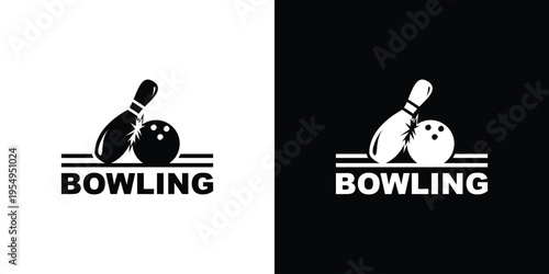 Bowling logo design with bowling pin and ball on white and black background.
