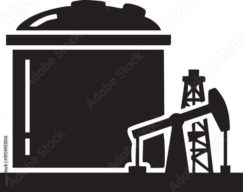 A minimalist black and white graphic icon depicting an industrial oil storage tank alongside a traditional oil extraction pump jack mechanism