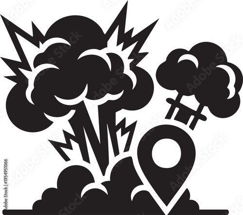 A black and white graphic illustration depicting a powerful explosion combined with a location pin symbol representing a dangerous impact zone.