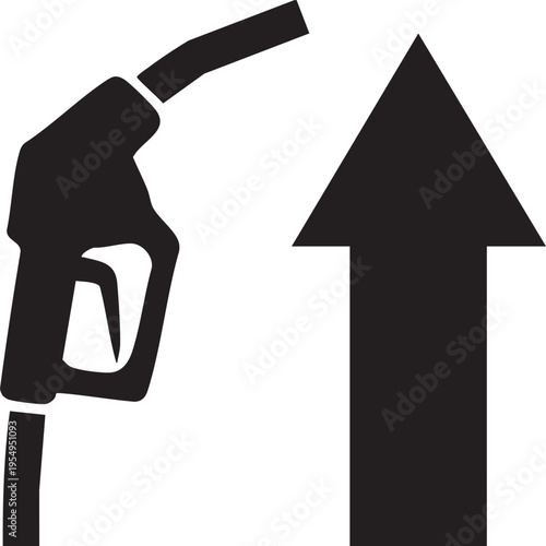 A minimalist black silhouette illustration showing a fuel pump nozzle next to a large upward pointing arrow representing rising gasoline prices
