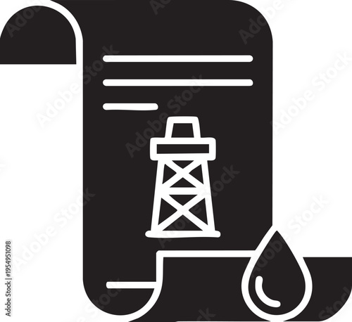 A black and white graphic icon representing a document scroll depicting an oil derrick symbol alongside a liquid drop for the petroleum industry
