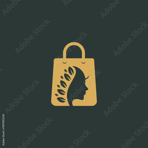 Elegant Shopping Bag Logo Featuring a Womans Silhouette and Leaves.