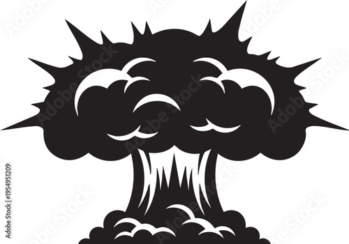 A high contrast black and white vector illustration of a massive mushroom cloud explosion isolated on a clean white background