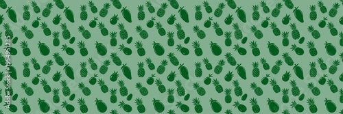 Green tropical fruit seamless pattern with pineapples and mangoes, perfect for summer backgrounds, textiles, packaging, and decorative design use.