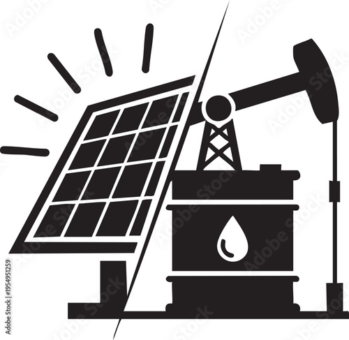 A conceptual split graphic illustration showing the contrast between renewable solar energy technology and traditional fossil fuel oil extraction