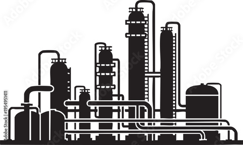 A minimalist black silhouette illustration of a large industrial oil refinery facility with complex pipe systems and tall storage distillation towers