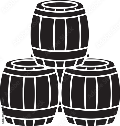 A stack of three wooden barrels depicted in a bold black and white minimalist silhouette graphic style for beverage storage and industrial design concepts