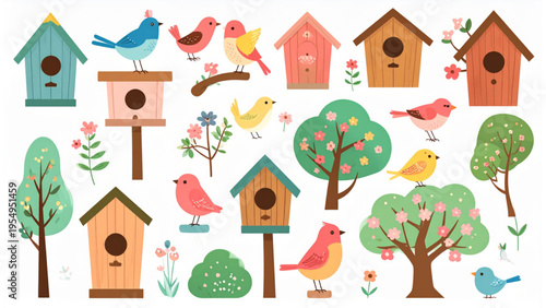 Colorful Garden Birds and Birdhouses Flat Vector Set, Cute Nature Elements Collection with Trees and Flowers