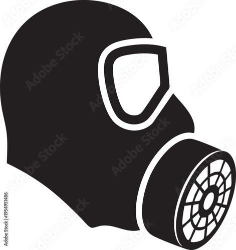 A minimalist black and white graphic icon depicting a protective gas mask for industrial safety or emergency disaster preparedness scenarios