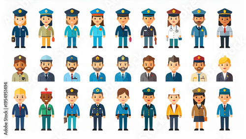 Multi Profession People Icons Set, Flat Design Workers Collection with Transparent Background