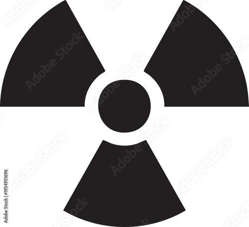 A high contrast black and white graphic design featuring the universal trefoil radiation warning symbol on a plain isolated white background
