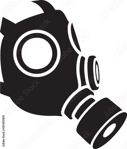 A high contrast black and white stencil silhouette illustration of a protective gas mask used for safety from chemical or toxic air contaminants