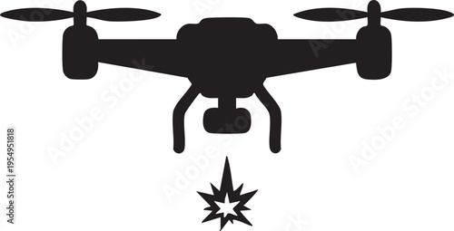 A black silhouette icon of a drone hovering and emitting a bright laser beam or targeted light signal isolated on a clean white background